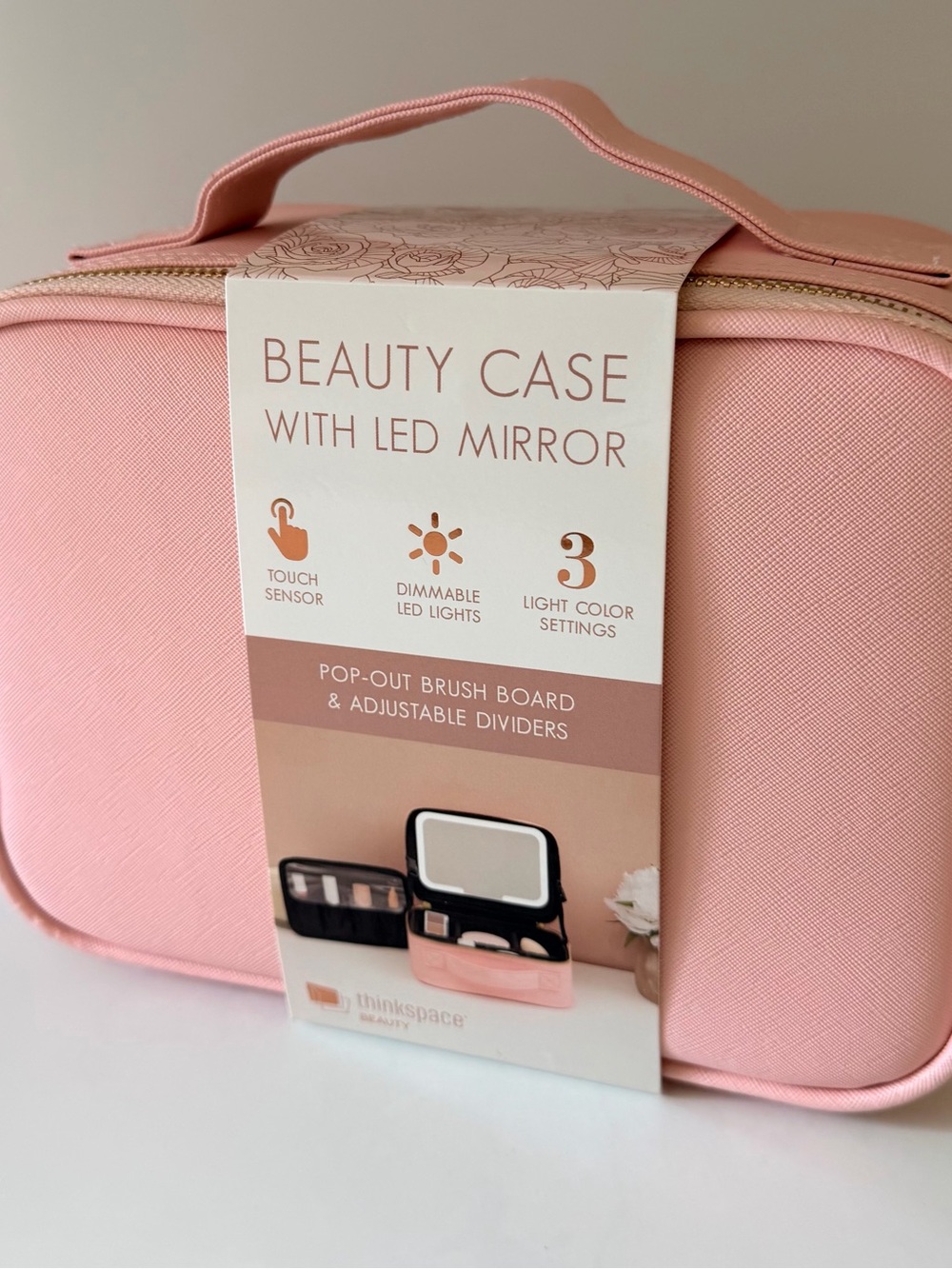 Thinkspace Beauty Travel Makeup Bag Pink Beauty Case with LED Mirror
